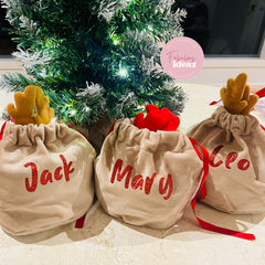 Personalised Christmas Reindeer Antler Gift Bag Sack for Xmas Gifts Stocking