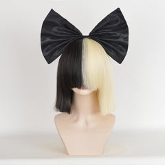 Ladies Wigs Short Blonde & Black Straight w/ Black Bow SIA Cosplay Costume Party