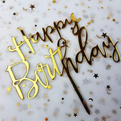 Mirror Gold Happy Birthday Acrylic Wooden Cake Topper Birthday Party Cake Decor