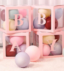Baby Shower Box Set of 4 Pink Baby Block Boxes with Baby Letters Party Decoration - Transparent Ballon Boxes Backdrop - Baby Shower & Birthday Party