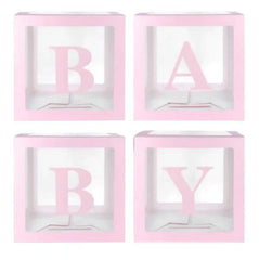 Baby Shower Box Set of 4 Pink Baby Block Boxes with Baby Letters Party Decoration - Transparent Ballon Boxes Backdrop - Baby Shower & Birthday Party
