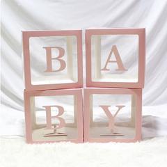 Baby Shower Box Set of 4 Pink Baby Block Boxes with Baby Letters Party Decoration - Transparent Ballon Boxes Backdrop - Baby Shower & Birthday Party