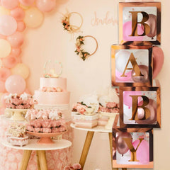 Baby Shower Box Set of 4 Rose Gold Baby Block Boxes with Baby Letters Party Decoration - Transparent Ballon Boxes Backdrop - Baby Shower & Birthday Party