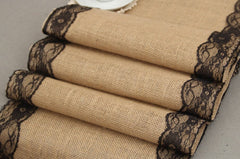 2.75m x 30cm Black Lace Natural Hessian Burlap Seamed Edges Table Runner
