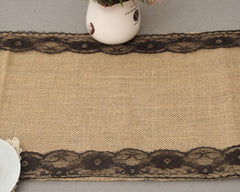 2.75m x 30cm Black Lace Natural Hessian Burlap Seamed Edges Table Runner