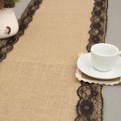 2.75m x 30cm Black Lace Natural Hessian Burlap Seamed Edges Table Runner