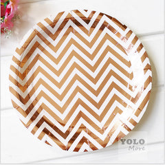 6x 9"/23cm Rose Gold Foil Disposable Party White Stripe Plates
