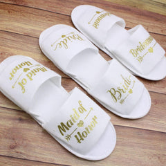 Bridal Slippers Gold on White Bride To Be Bridesmaid Maid of Honor Wedding Hens Night