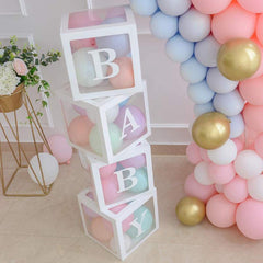 BABY Balloons Clear Box Cube Gift Boxes Birthday Baby Shower Party 4pcs Set