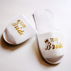 Bridal Slippers Gold on White Bride To Be Bridesmaid Maid of Honor Wedding Hens Night
