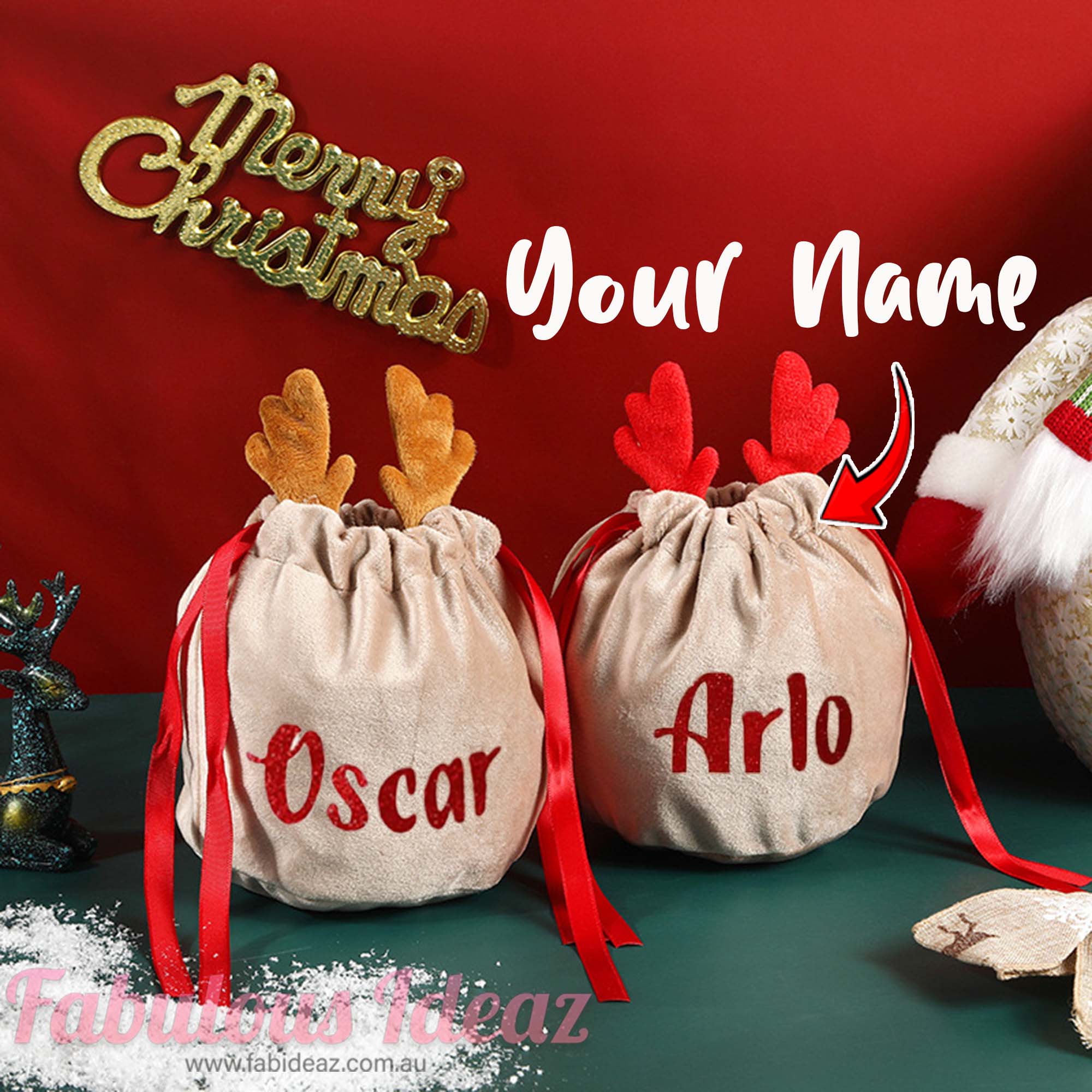 Personalised Christmas Reindeer Antler Gift Bag Sack for Xmas Gifts Stocking