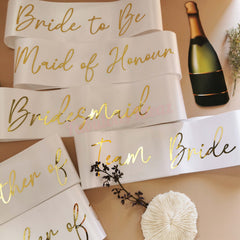 White Hens Script Gold Lettering Sash