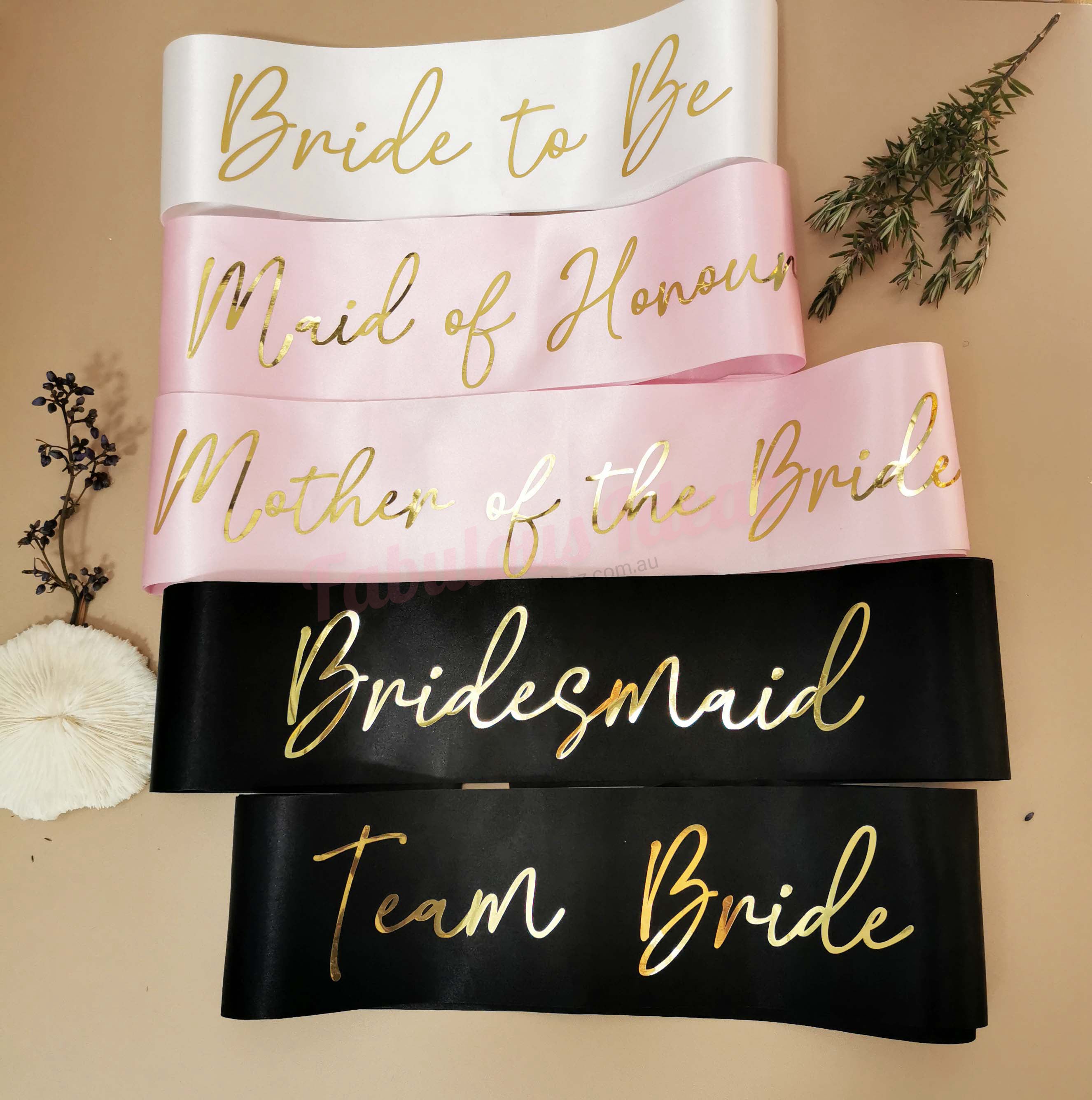 White Hens Script Gold Lettering Sash