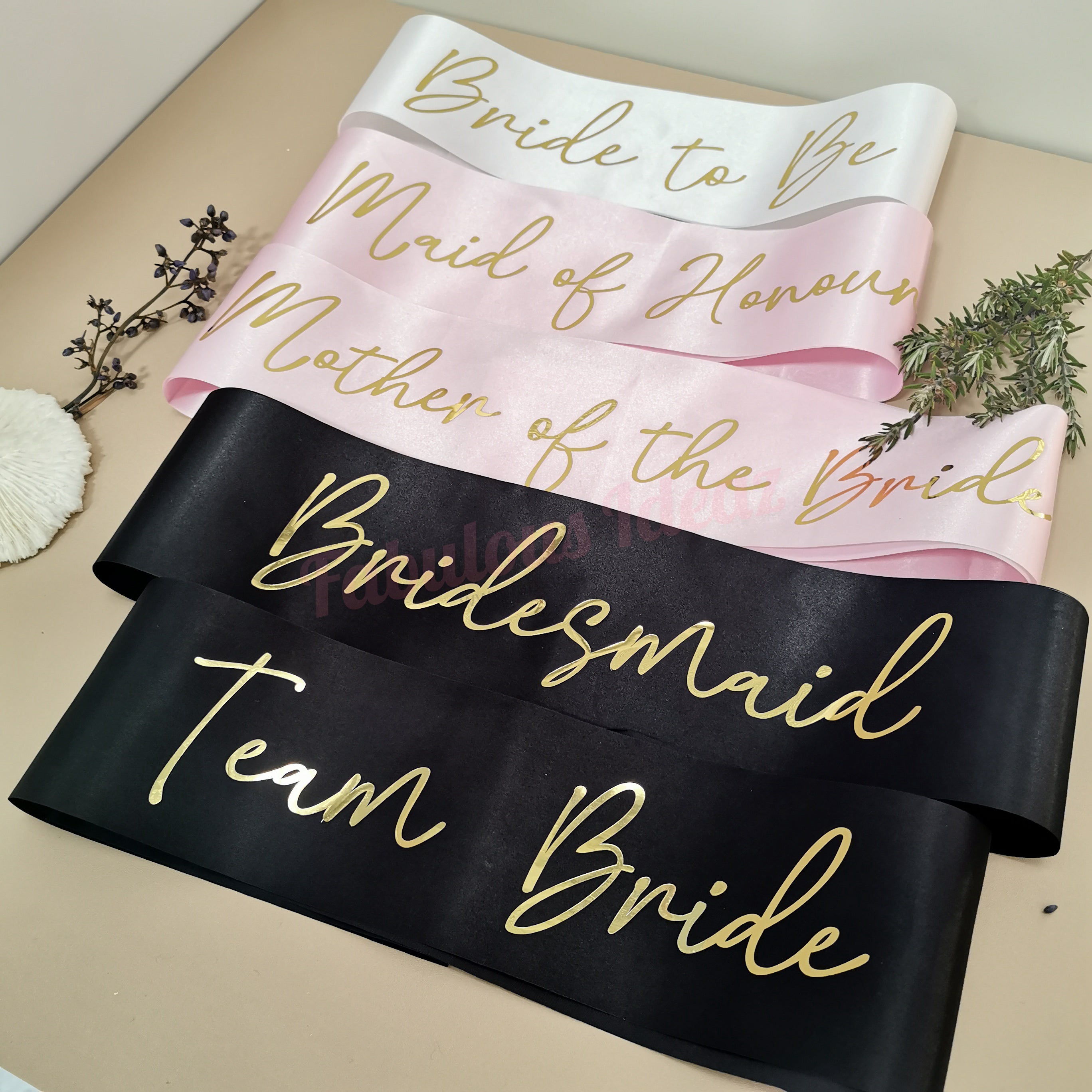 White Hens Script Gold Lettering Sash