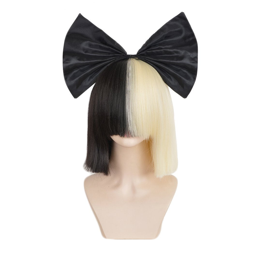 Ladies Wigs Short Blonde & Black Straight w/ Black Bow SIA Cosplay Costume Party