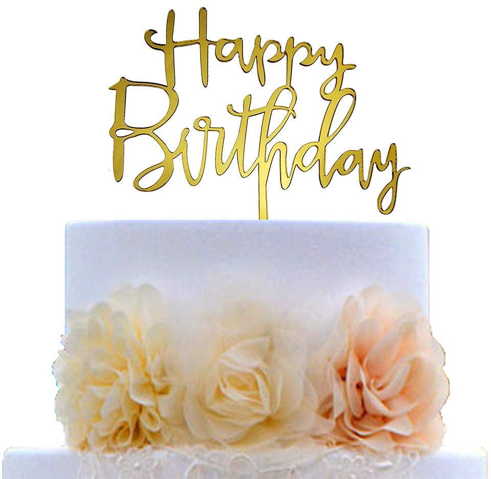Mirror Gold Happy Birthday Acrylic Wooden Cake Topper Birthday Party Cake Decor