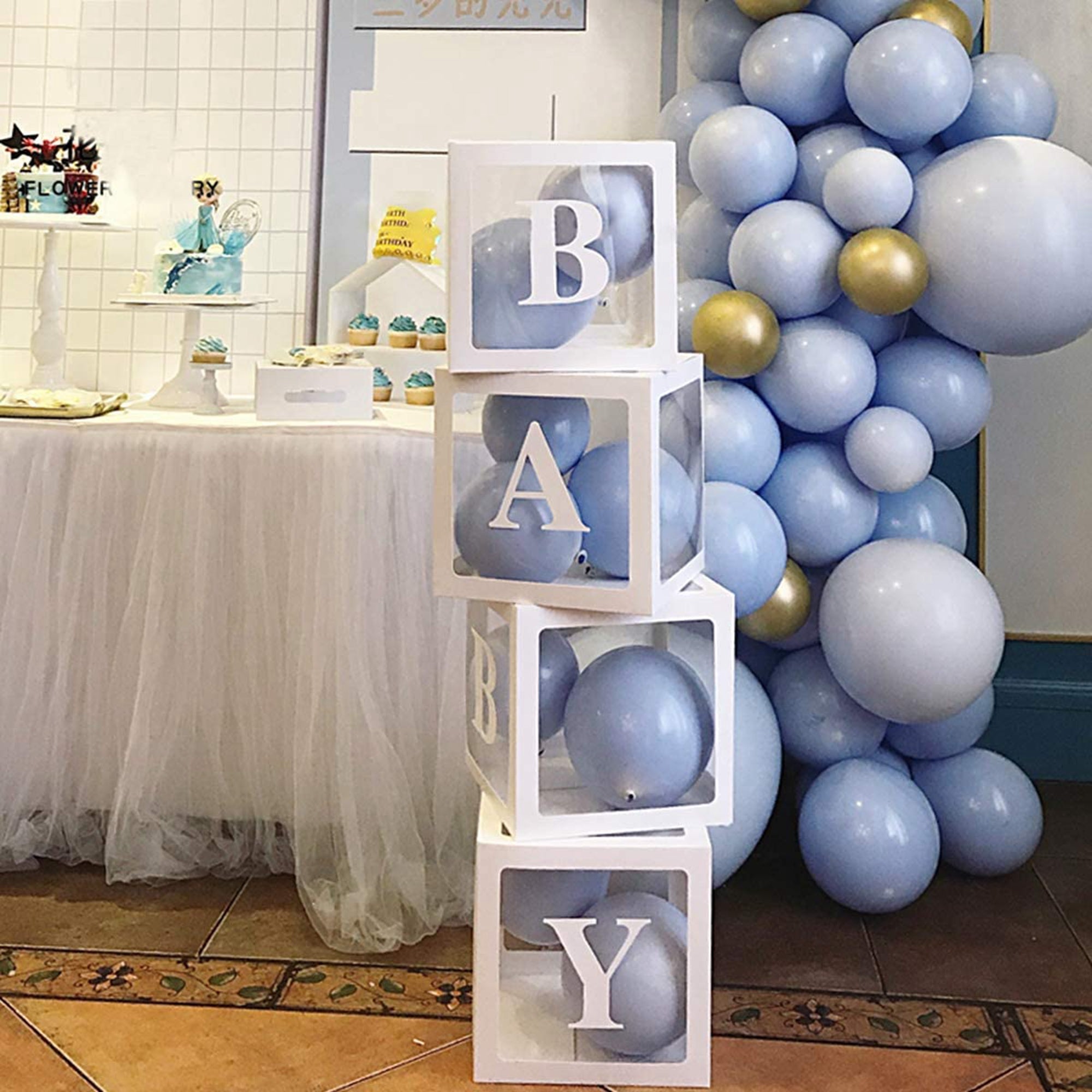 BabyShower Box Set of 4 Clear Baby Block Boxes with Baby Letters Party Decoration - Transparent Ballon Boxes Backdrop - Baby Shower & Birthday Party