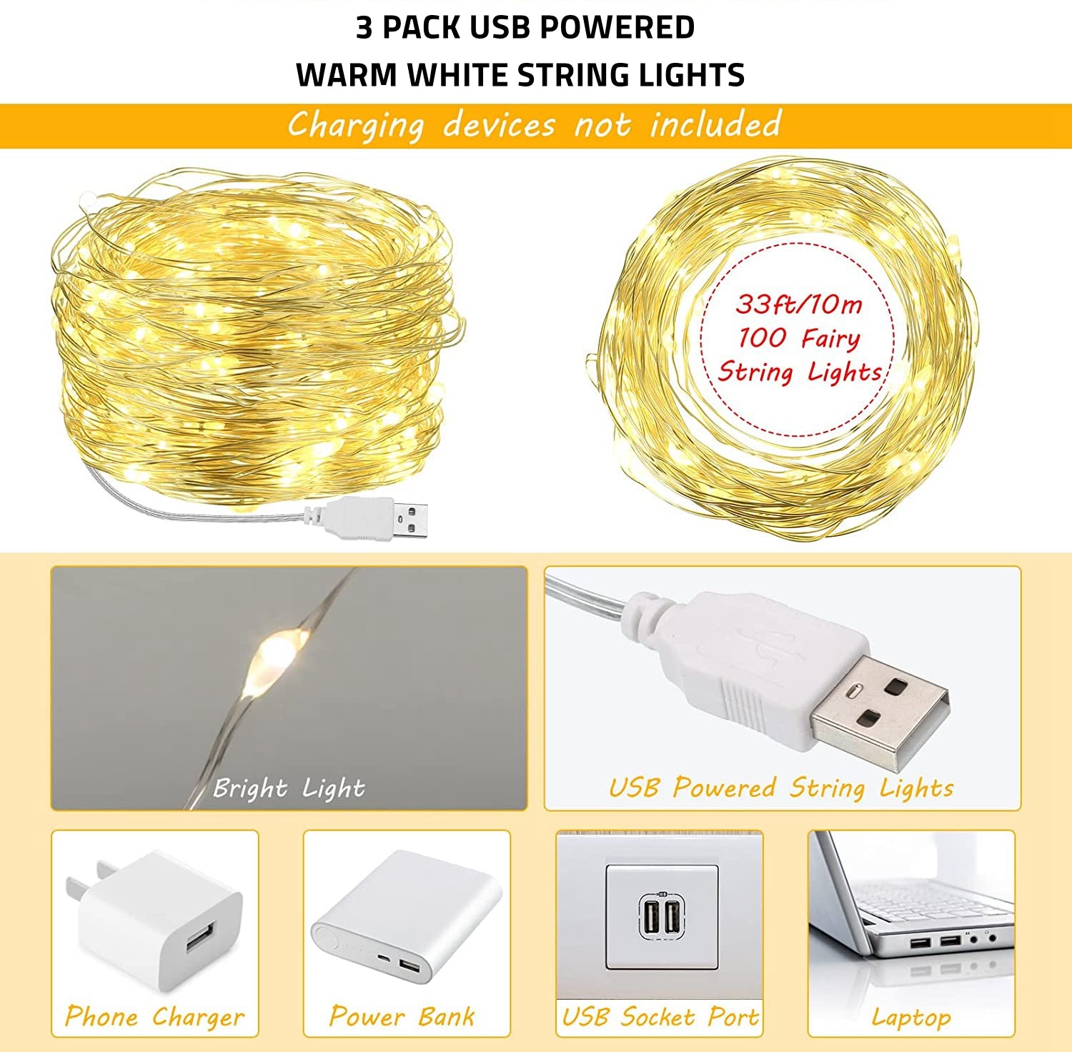 3 x 10m USB Powered LED String Copper Wire Fairy Lights
