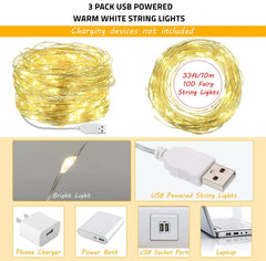 3 x 10m USB Powered LED String Copper Wire Fairy Lights