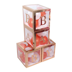 Baby Shower Box Set of 4 Rose Gold Baby Block Boxes with Baby Letters Party Decoration - Transparent Ballon Boxes Backdrop - Baby Shower & Birthday Party