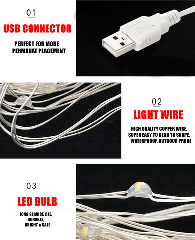 3 x 10m USB Powered LED String Copper Wire Fairy Lights