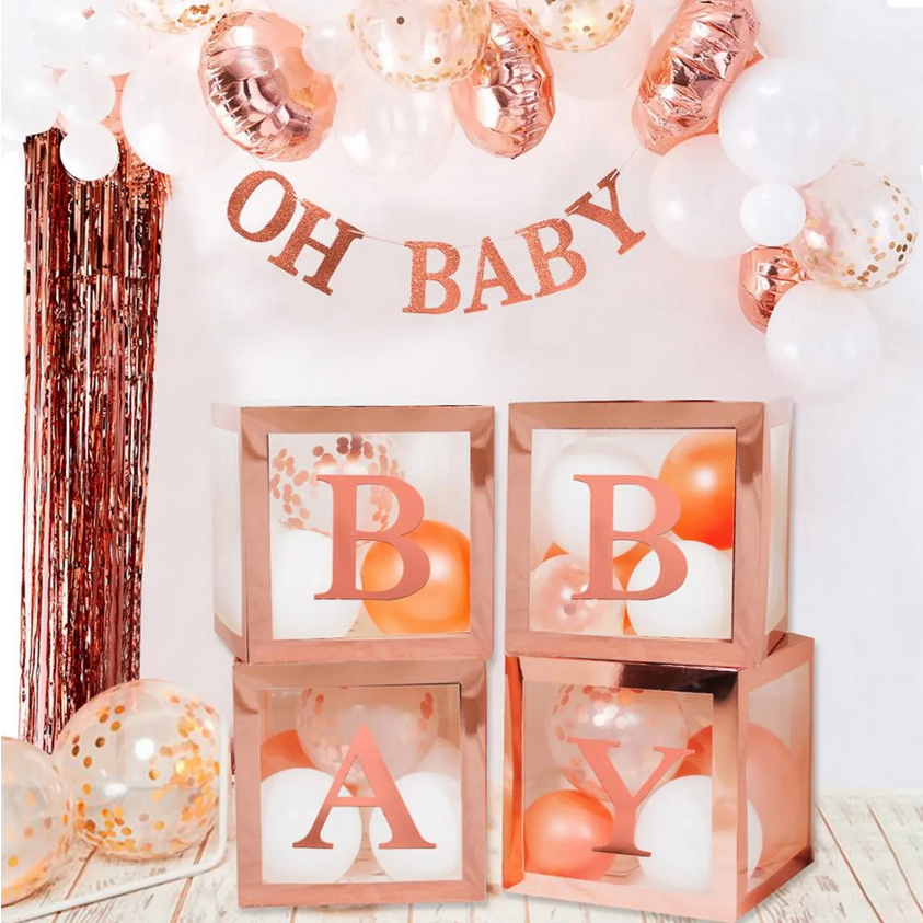 Baby Shower Box Set of 4 Rose Gold Baby Block Boxes with Baby Letters Party Decoration - Transparent Ballon Boxes Backdrop - Baby Shower & Birthday Party