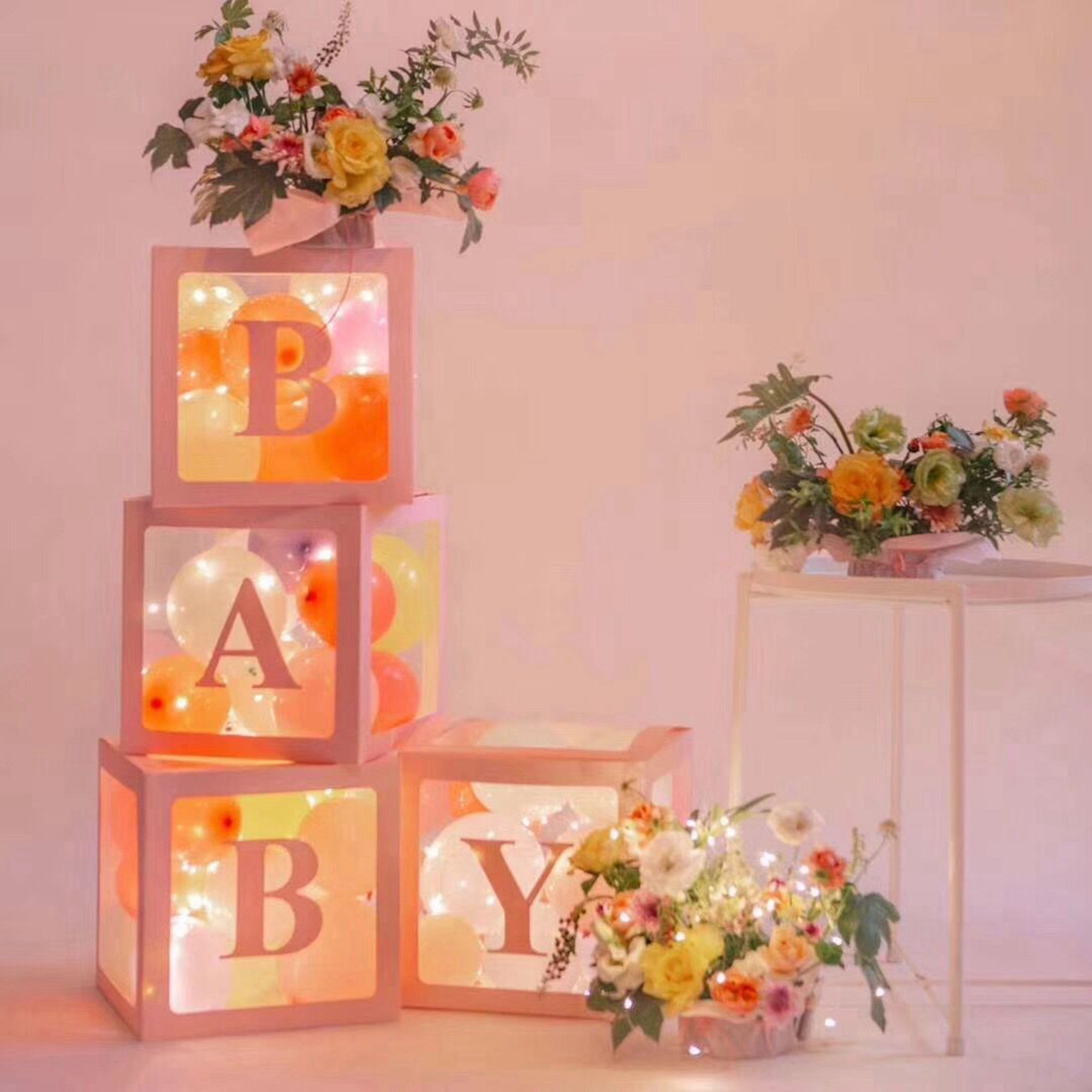 Baby Shower Box Set of 4 Pink Baby Block Boxes with Baby Letters Party Decoration - Transparent Ballon Boxes Backdrop - Baby Shower & Birthday Party