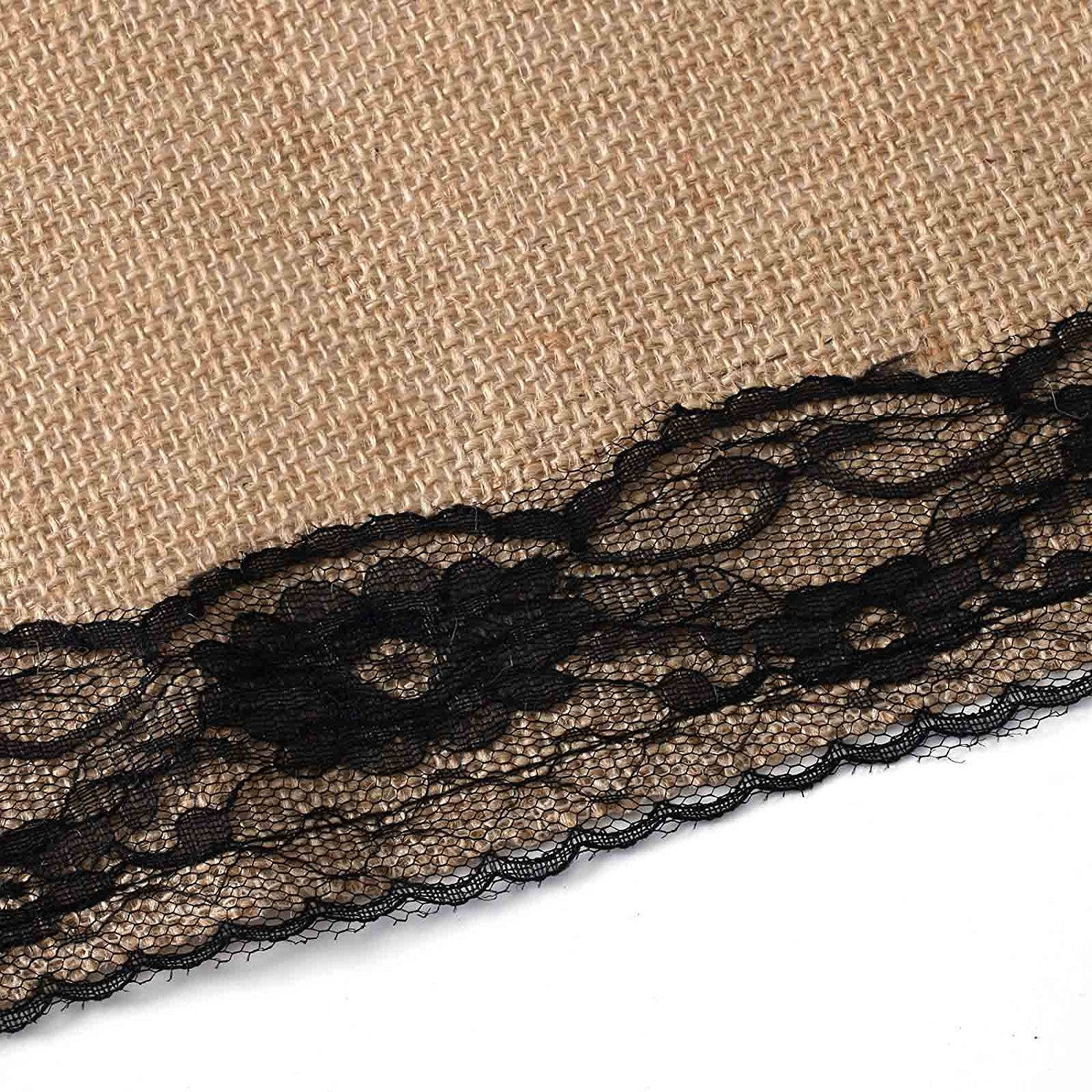 2.75m x 30cm Black Lace Natural Hessian Burlap Seamed Edges Table Runner