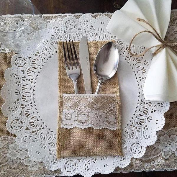 50 x Hessian Lace Wedding Cutlery Holder