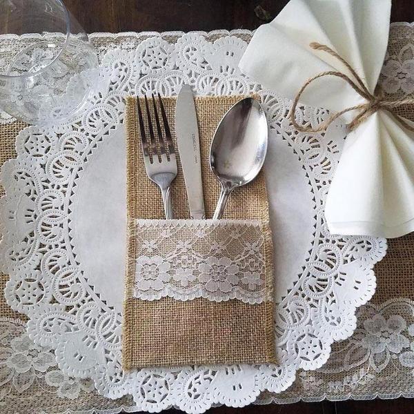 100 x Hessian Lace Wedding Cutlery Holder