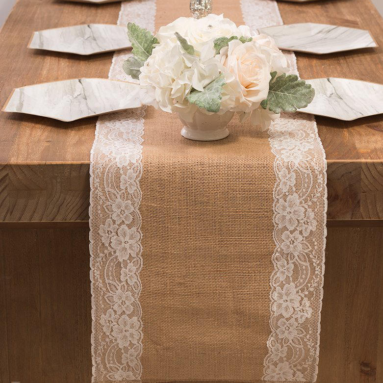 2.75m x 30cm Side Lace Natural Hessian Burlap Seamed Edges Table Runner