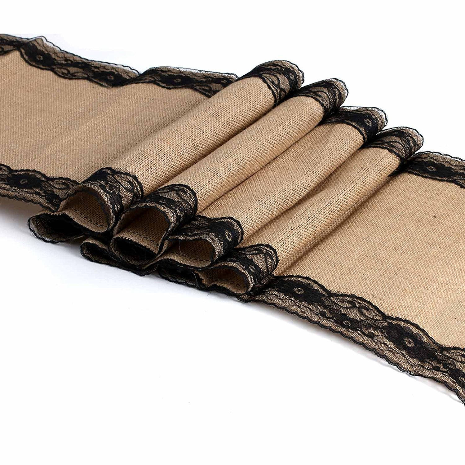 2.75m x 30cm Black Lace Natural Hessian Burlap Seamed Edges Table Runner