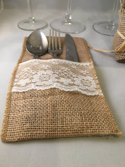 100 x Hessian Lace Wedding Cutlery Holder