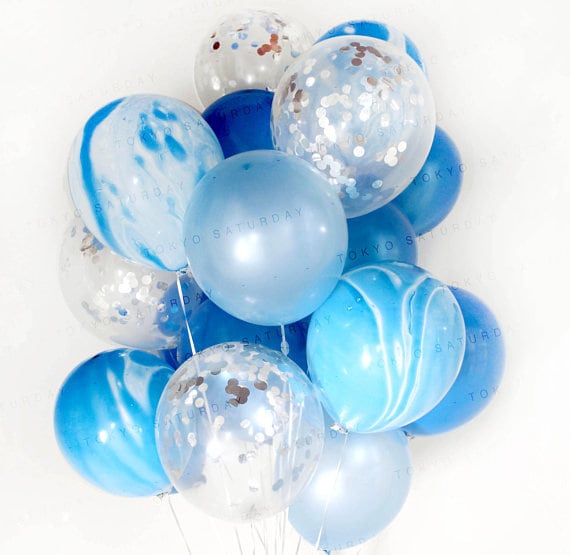 Blue Silver Marble Balloons Set 20 Pack // Silver Confetti Balloons // Pear White Latex Balloons Thickened 12" 20pcs, Ready To Inflate