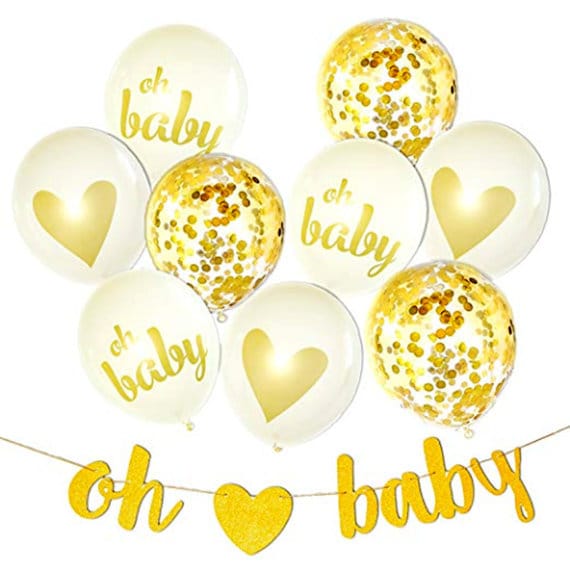 Oh Baby Baby Shower 10pc Garland Confetti Balloons Pack Gender Reveal Decorations Gold Banner