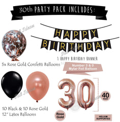 30th Black Rose Gold Birthday Pack 30 Thirtieth Garland Balloons Decorations Dirty Thirty Party Happy Birthday