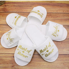 Bridal Slippers Gold on White Bride To Be Bridesmaid Maid of Honor Wedding Hens Night