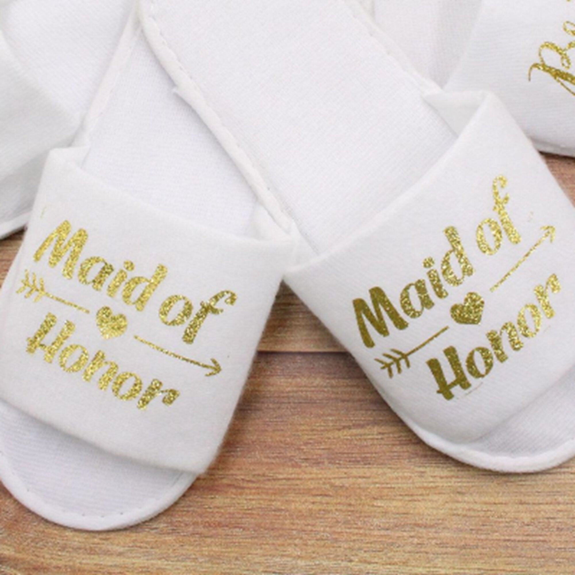 Bridal Slippers Gold on White Bride To Be Bridesmaid Maid of Honor Wedding Hens Night