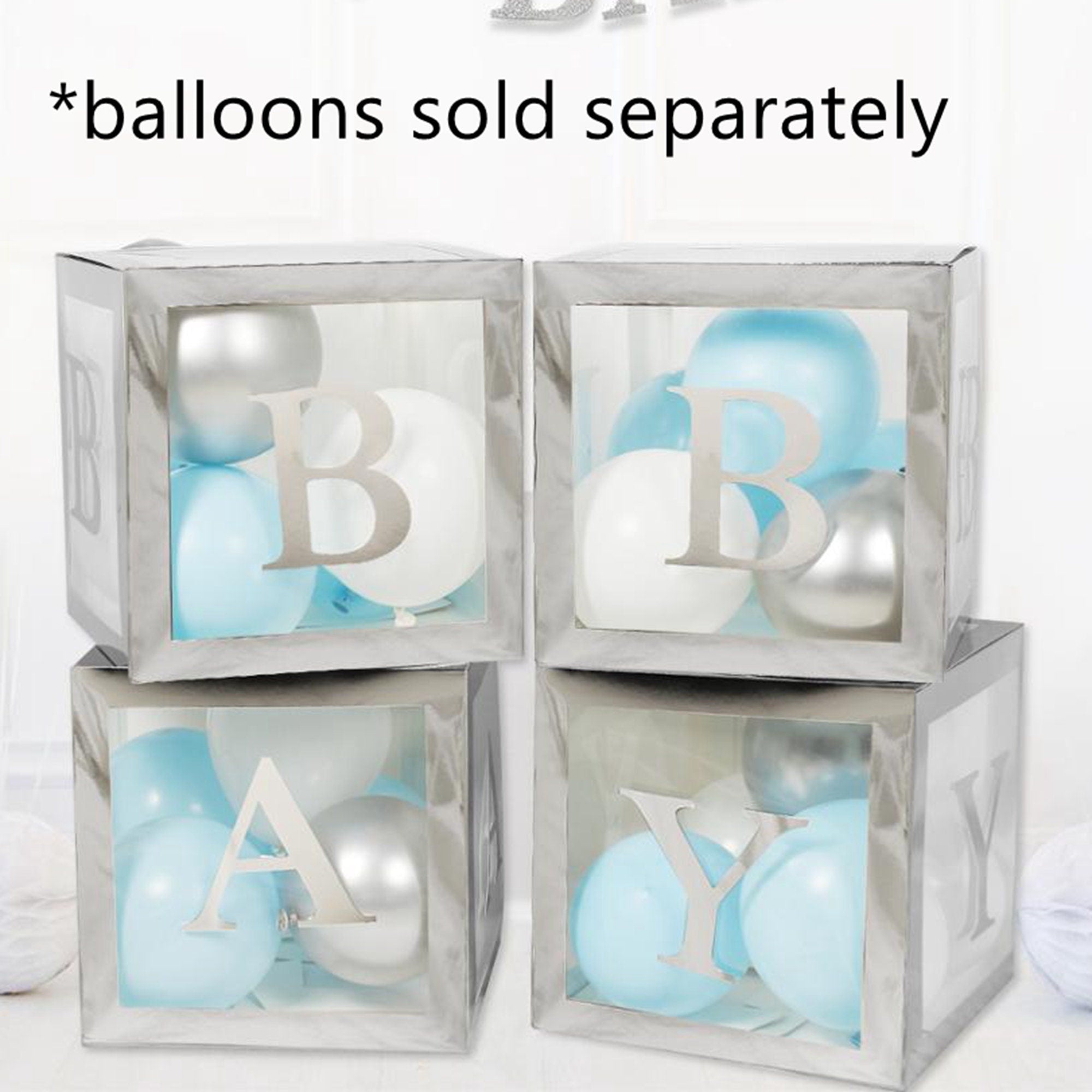 BABY Balloons Clear Box Cube Gift Boxes Birthday Baby Shower Party 4pcs Set