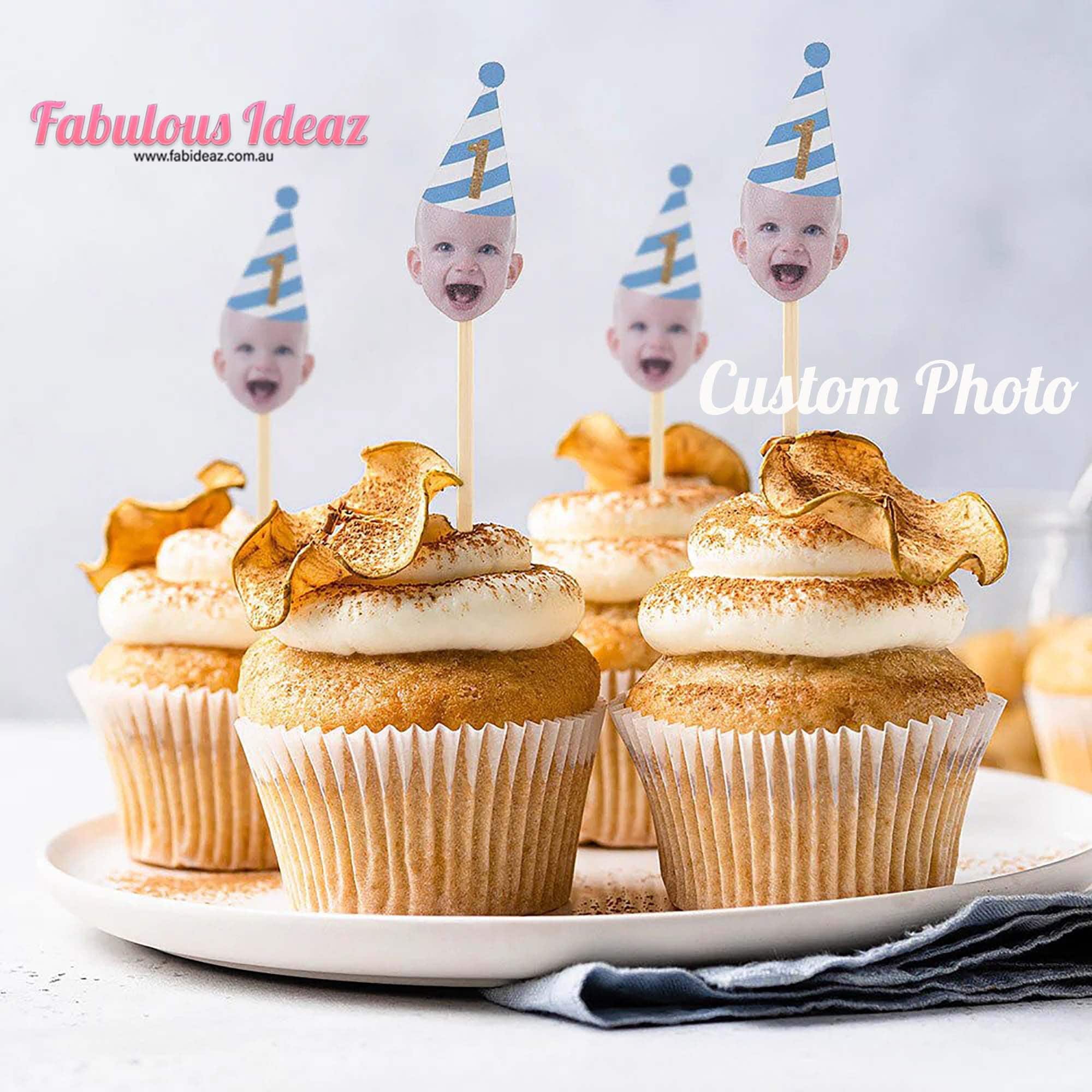 Personalized Face Photo Cupcake Toppers for Birthday Party Decorations with Hats Custom Message Birthday Favor Gift Cup Cake Decoration